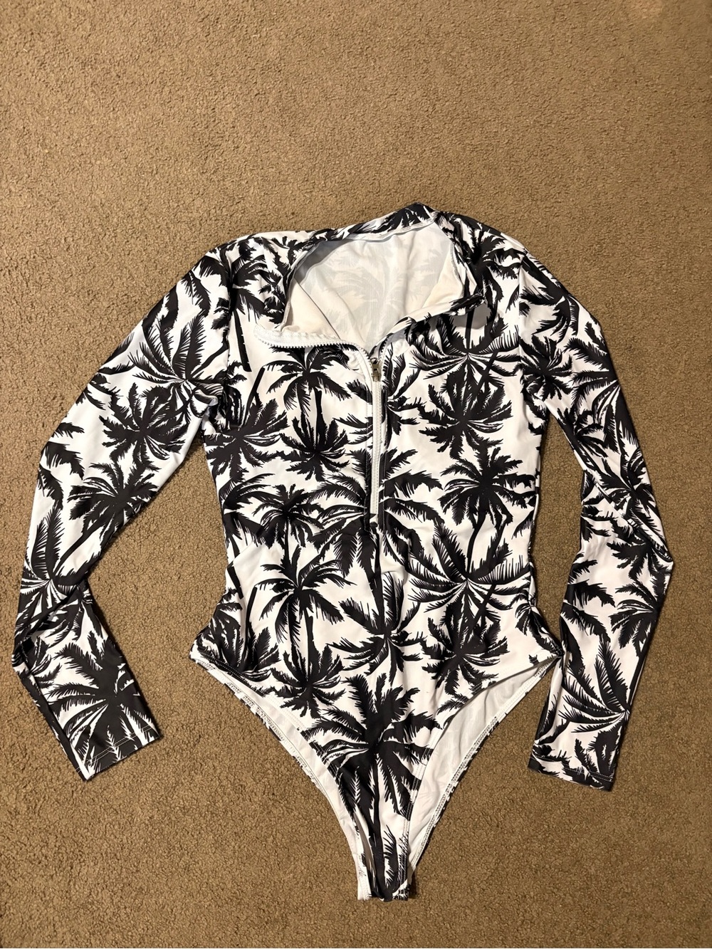 Black & White Palm-Print Long-Sleeve One-Piece Swimsuit - Adult